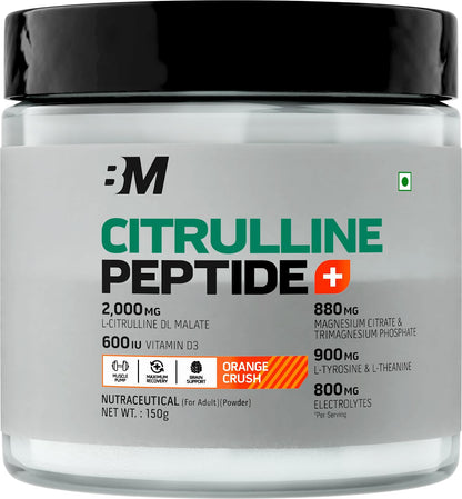 Bigmuscles Nutrition Citrulline + Peptides| L-Citrulline Powder with Superior Grade Magnesium| Electrolytes| Tyrosine & Vitamin D3