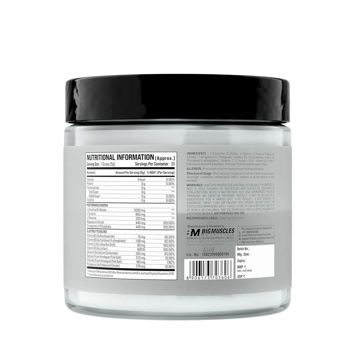 Bigmuscles Nutrition Citrulline + Peptides| L-Citrulline Powder with Superior Grade Magnesium| Electrolytes| Tyrosine & Vitamin D3