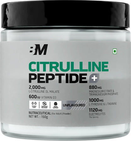 Bigmuscles Nutrition Citrulline + Peptides| L-Citrulline Powder with Superior Grade Magnesium| Electrolytes| Tyrosine & Vitamin D3