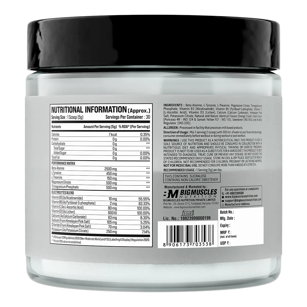 Bigmuscles Nutrition Beta-Alanine + Peptides | Beta Alanine Powder with Superior Grade Magnesium| Electrolytes| Tyrosine & Vitamin D3