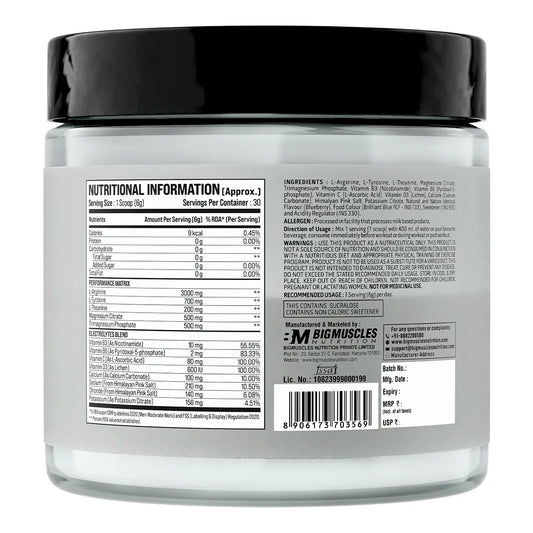 Bigmuscles Nutrition L-Arginine + Peptides | Arginine Powder with Superior Grade Magnesium| Electrolytes| Tyrosine & Vitamin D3