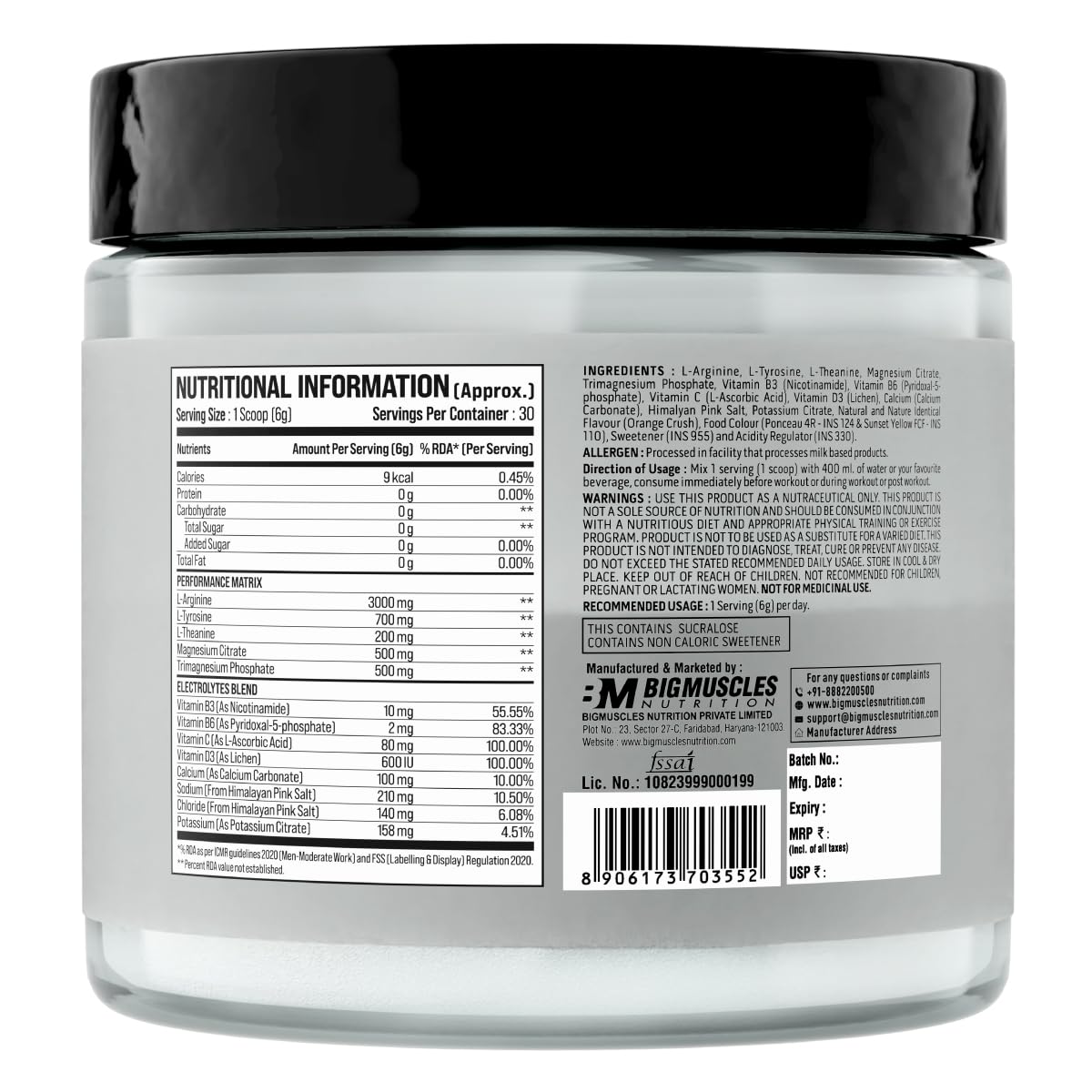 Bigmuscles Nutrition L-Arginine + Peptides | Arginine Powder with Superior Grade Magnesium| Electrolytes| Tyrosine & Vitamin D3