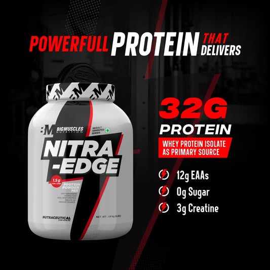Bigmuscles Nutrition Nitra Edge Isolate Whey Protein | 32g Protein | 13.5g EAA | 6g BCAA per serving | 3g Creatine | Muscle Building Formula