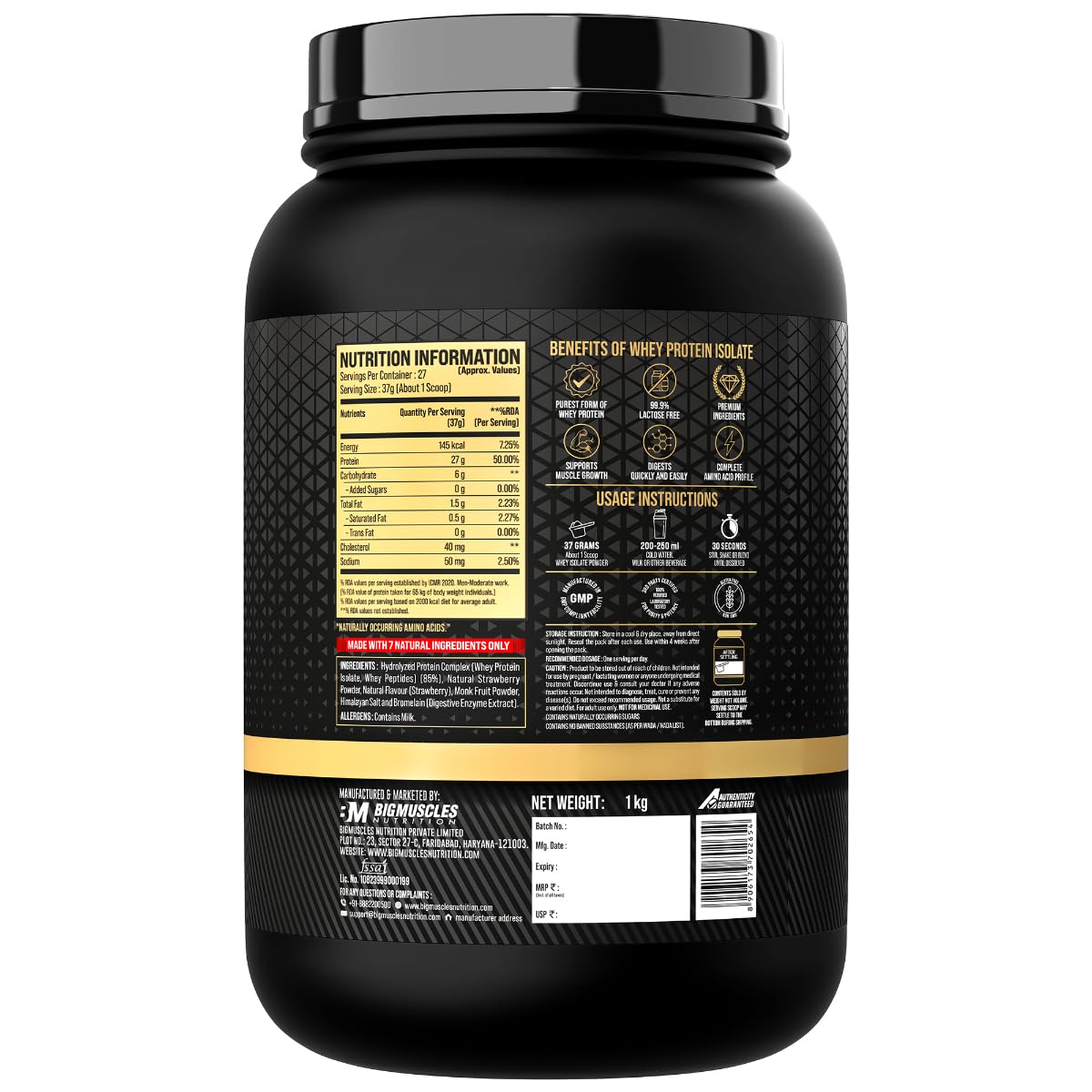 Bigmuscles Nutrition Gold Whey Isolate | 27g Whey Protein Isolate 90% | 7 Natural Ingredients Only | 0 Added Sugar | Clean Label Project Purity Award USA