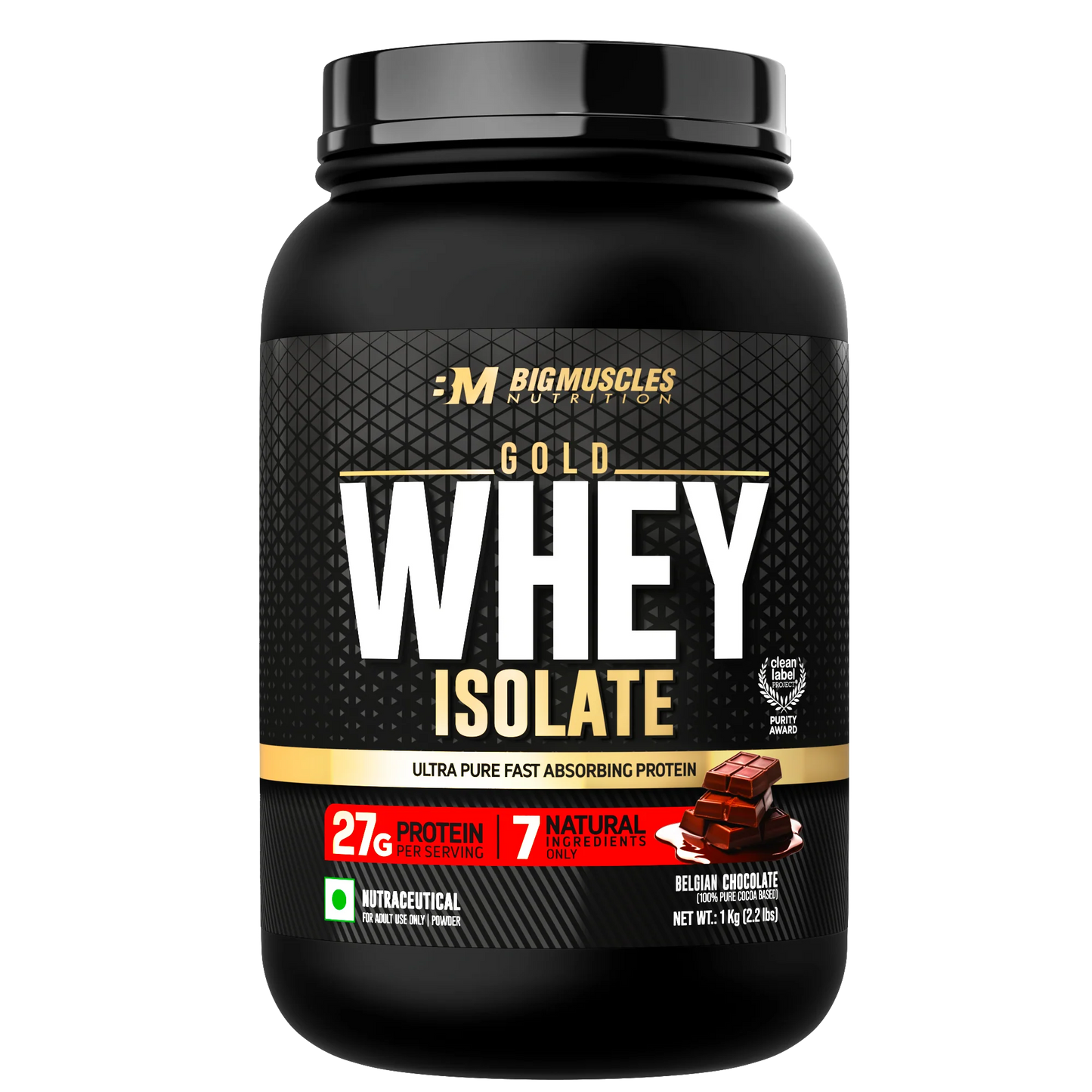 Bigmuscles Nutrition Gold Whey Isolate | 27g Whey Protein Isolate 90% | 7 Natural Ingredients Only | 0 Added Sugar | Clean Label Project Purity Award USA
