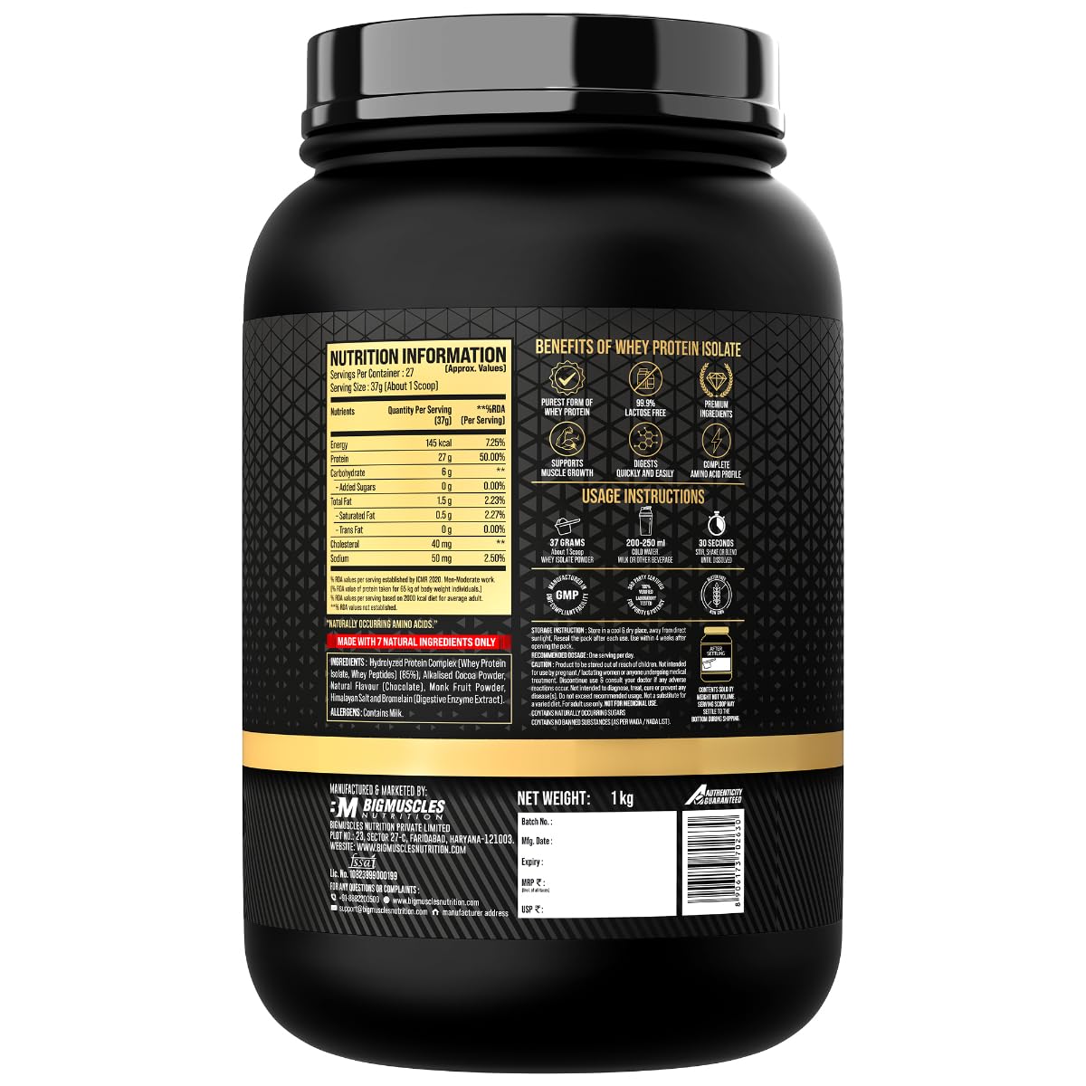 Bigmuscles Nutrition Gold Whey Isolate | 27g Whey Protein Isolate 90% | 7 Natural Ingredients Only | 0 Added Sugar | Clean Label Project Purity Award USA