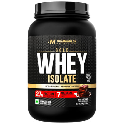 Bigmuscles Nutrition Gold Whey Isolate | 27g Whey Protein Isolate 90% | 7 Natural Ingredients Only | 0 Added Sugar | Clean Label Project Purity Award USA