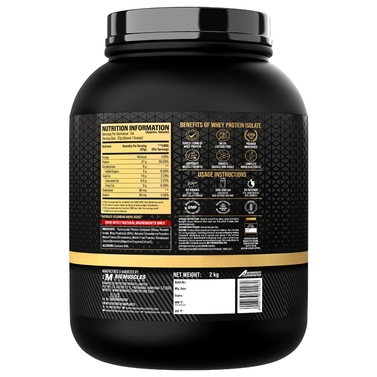 Bigmuscles Nutrition Gold Whey Isolate | 27g Whey Protein Isolate 90% | 7 Natural Ingredients Only | 0 Added Sugar | Clean Label Project Purity Award USA