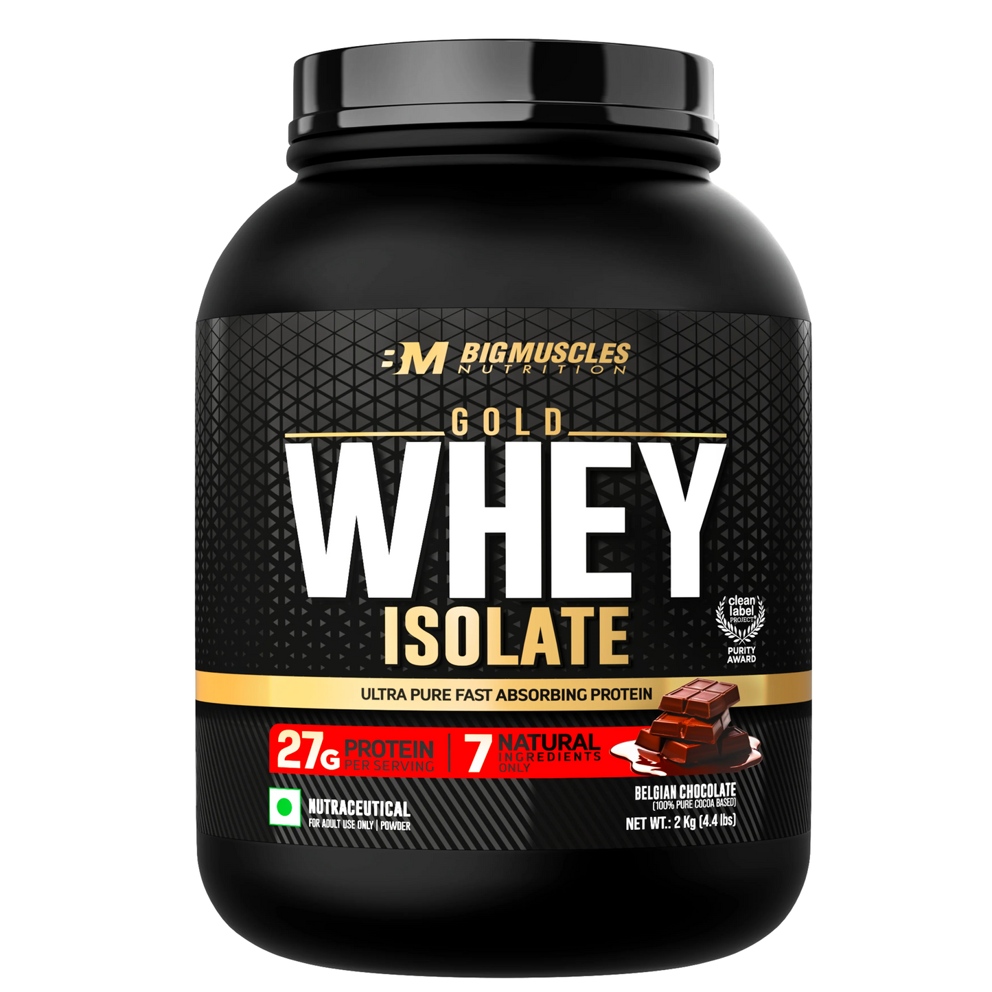 Bigmuscles Nutrition Gold Whey Isolate | 27g Whey Protein Isolate 90% | 7 Natural Ingredients Only | 0 Added Sugar | Clean Label Project Purity Award USA