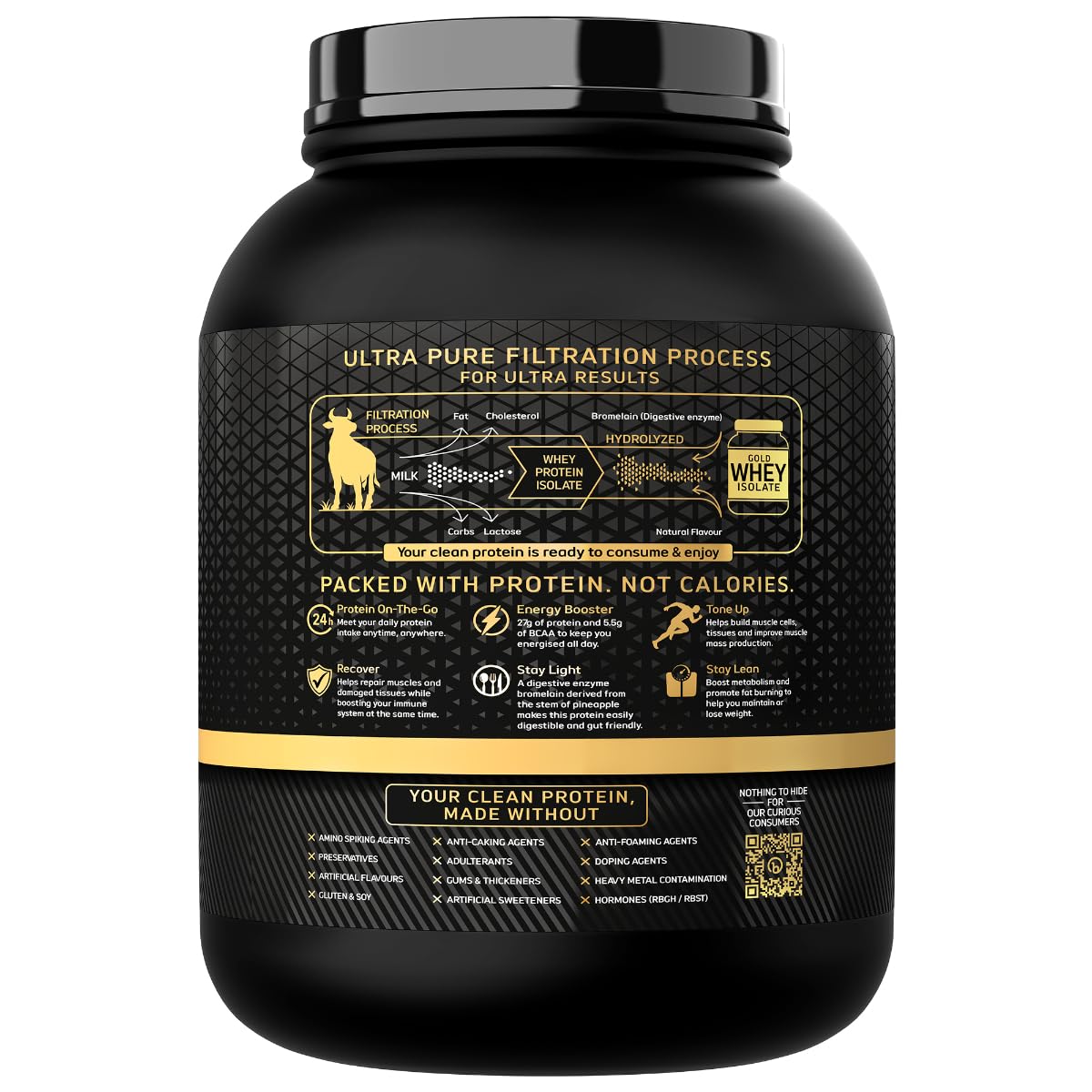 Bigmuscles Nutrition Gold Whey Isolate | 27g Whey Protein Isolate 90% | 7 Natural Ingredients Only | 0 Added Sugar | Clean Label Project Purity Award USA