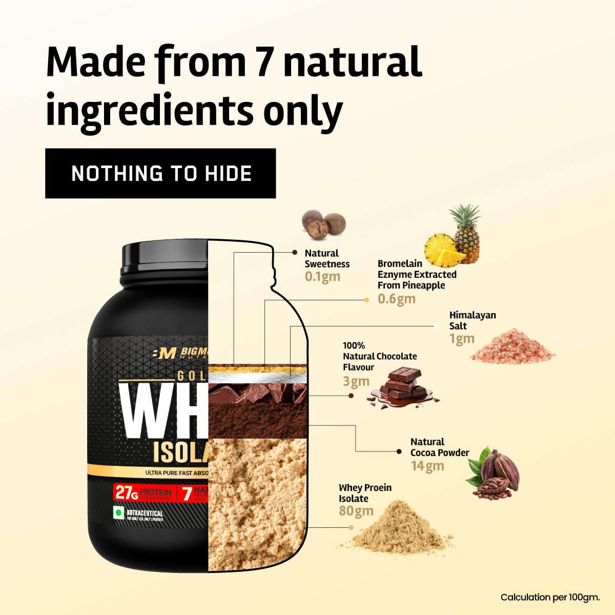 Bigmuscles Nutrition Gold Whey Isolate | 27g Whey Protein Isolate 90% | 7 Natural Ingredients Only | 0 Added Sugar | Clean Label Project Purity Award USA