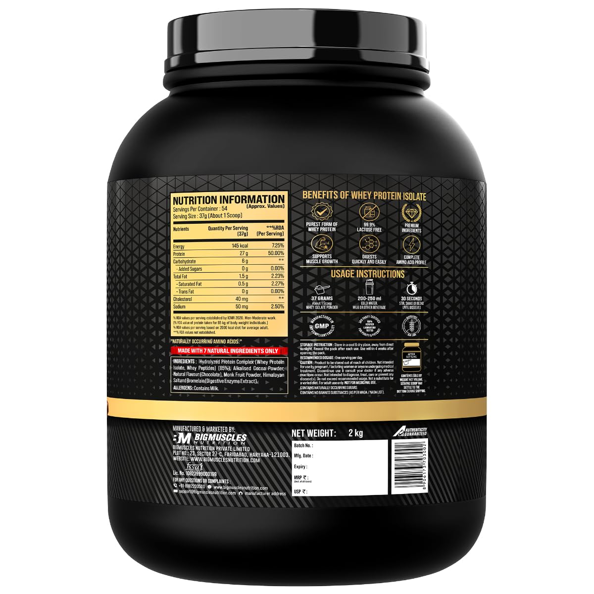 Bigmuscles Nutrition Gold Whey Isolate | 27g Whey Protein Isolate 90% | 7 Natural Ingredients Only | 0 Added Sugar | Clean Label Project Purity Award USA