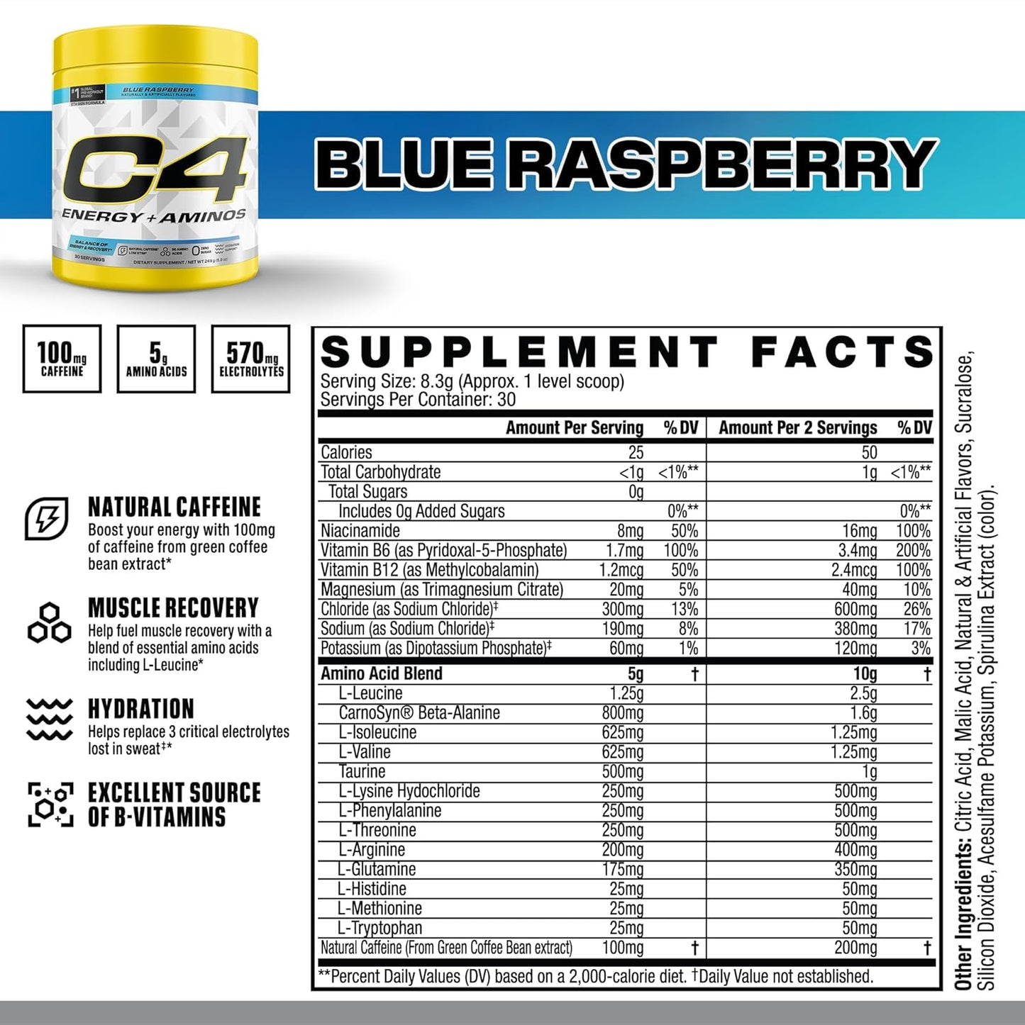 Cellucor C4 Energy + Aminos Powder | 5g BCAAs & EAAs for Muscle Recovery| 3 Electrolytes for Hydration| 100mg Natural Caffeine | Pre Workout | Zero Sugar