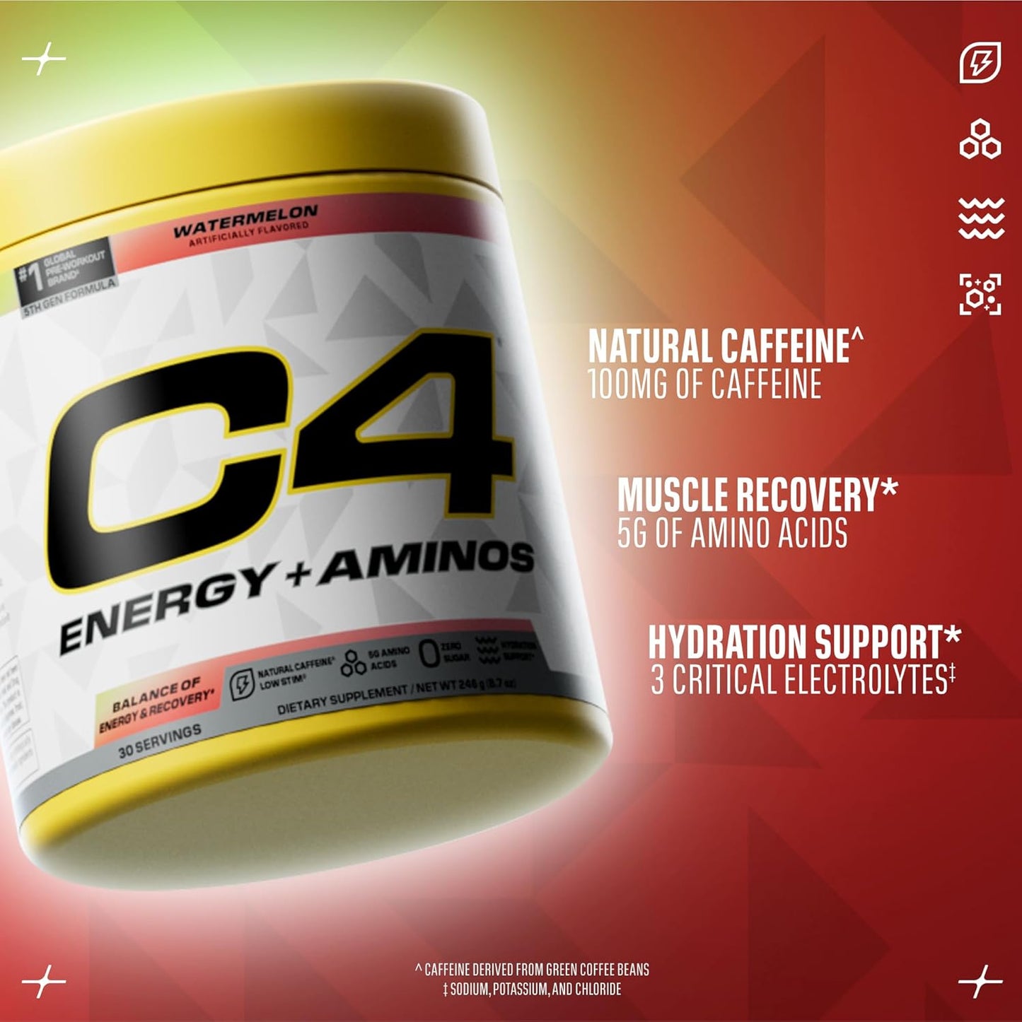 Cellucor C4 Energy + Aminos Powder | 5g BCAAs & EAAs for Muscle Recovery| 3 Electrolytes for Hydration| 100mg Natural Caffeine | Pre Workout | Zero Sugar