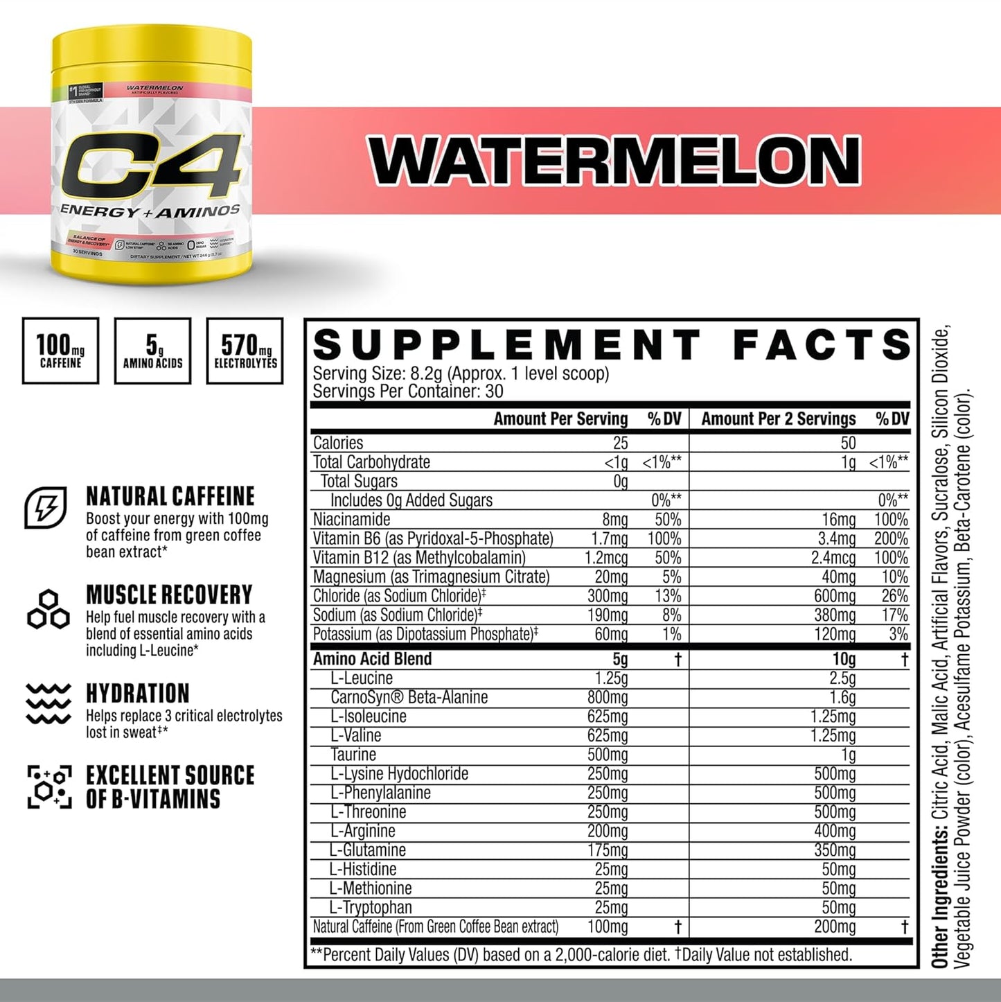 Cellucor C4 Energy + Aminos Powder | 5g BCAAs & EAAs for Muscle Recovery| 3 Electrolytes for Hydration| 100mg Natural Caffeine | Pre Workout | Zero Sugar