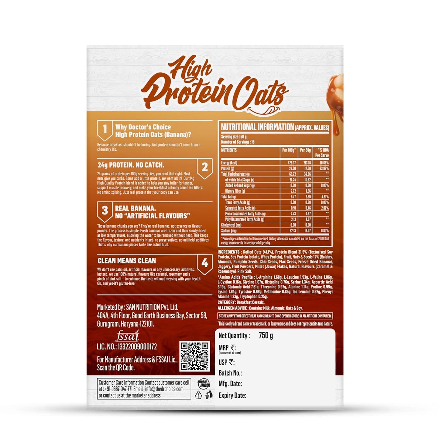 Doctors Choice High Protein Oats| 27g Protein Oatmeal | No Added Sugar | Gluten Free | High Fiber Healthy Breakfast Oats