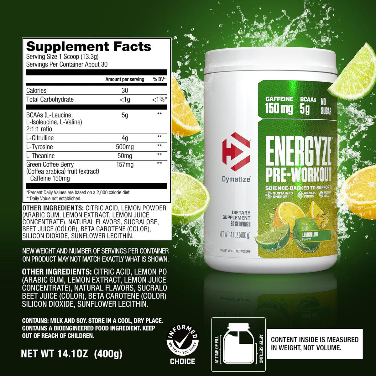 Dymatize Energyze Pre Workout Powder for Men and Women| 150mg Caffeine| 5g BCAAs | Performance Blend of L-Theanine, L-Tyrosine, L-Citrulline| No Sugar