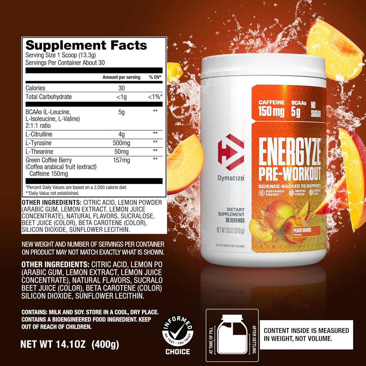 Dymatize Energyze Pre Workout Powder for Men and Women| 150mg Caffeine| 5g BCAAs | Performance Blend of L-Theanine, L-Tyrosine, L-Citrulline| No Sugar