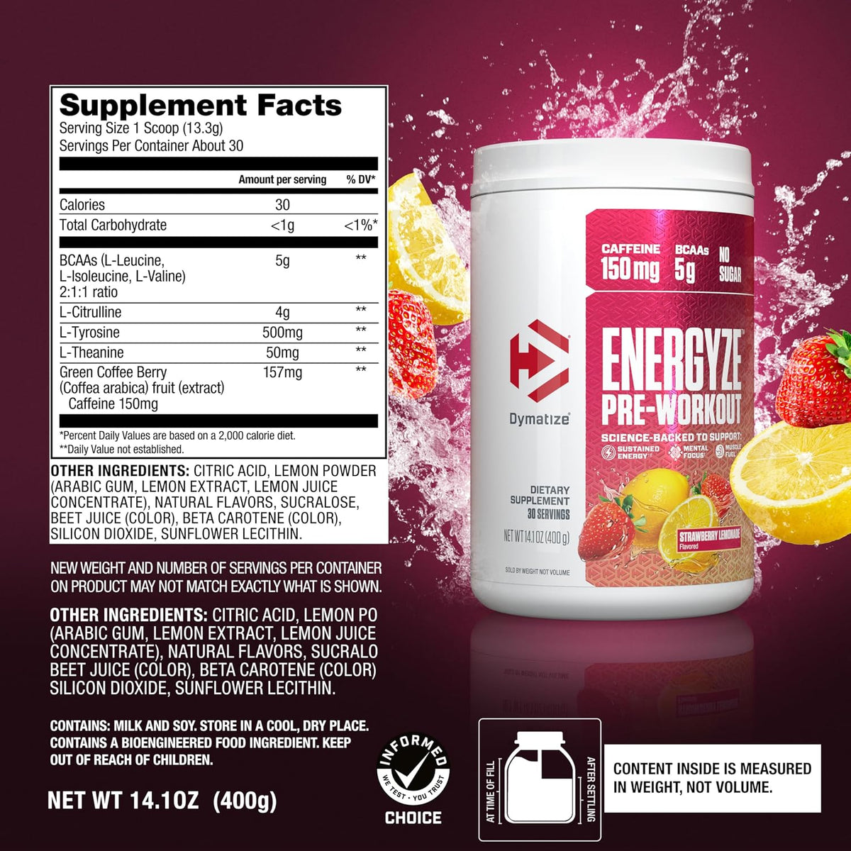 Dymatize Energyze Pre Workout Powder for Men and Women| 150mg Caffeine| 5g BCAAs | Performance Blend of L-Theanine, L-Tyrosine, L-Citrulline| No Sugar