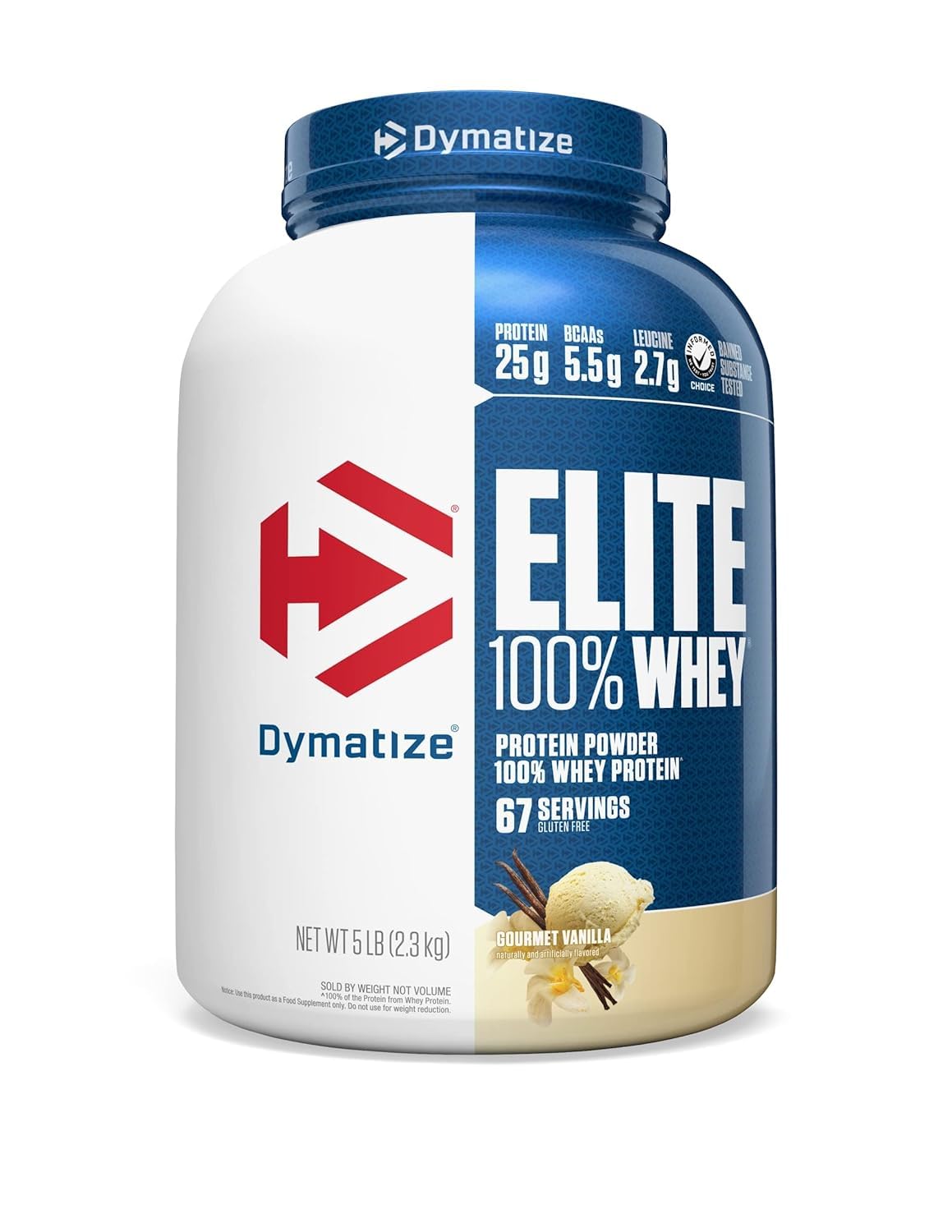 Dymatize Nutrition Elite 100% Whey Protein | Whey Protein Powder | Muscle Recovery | 25g Protein| 5.5g BCAA | Fast-Absorbing Protein | Gluten-Free | Blend with BCAAs & Glutamine | 5 Lbs