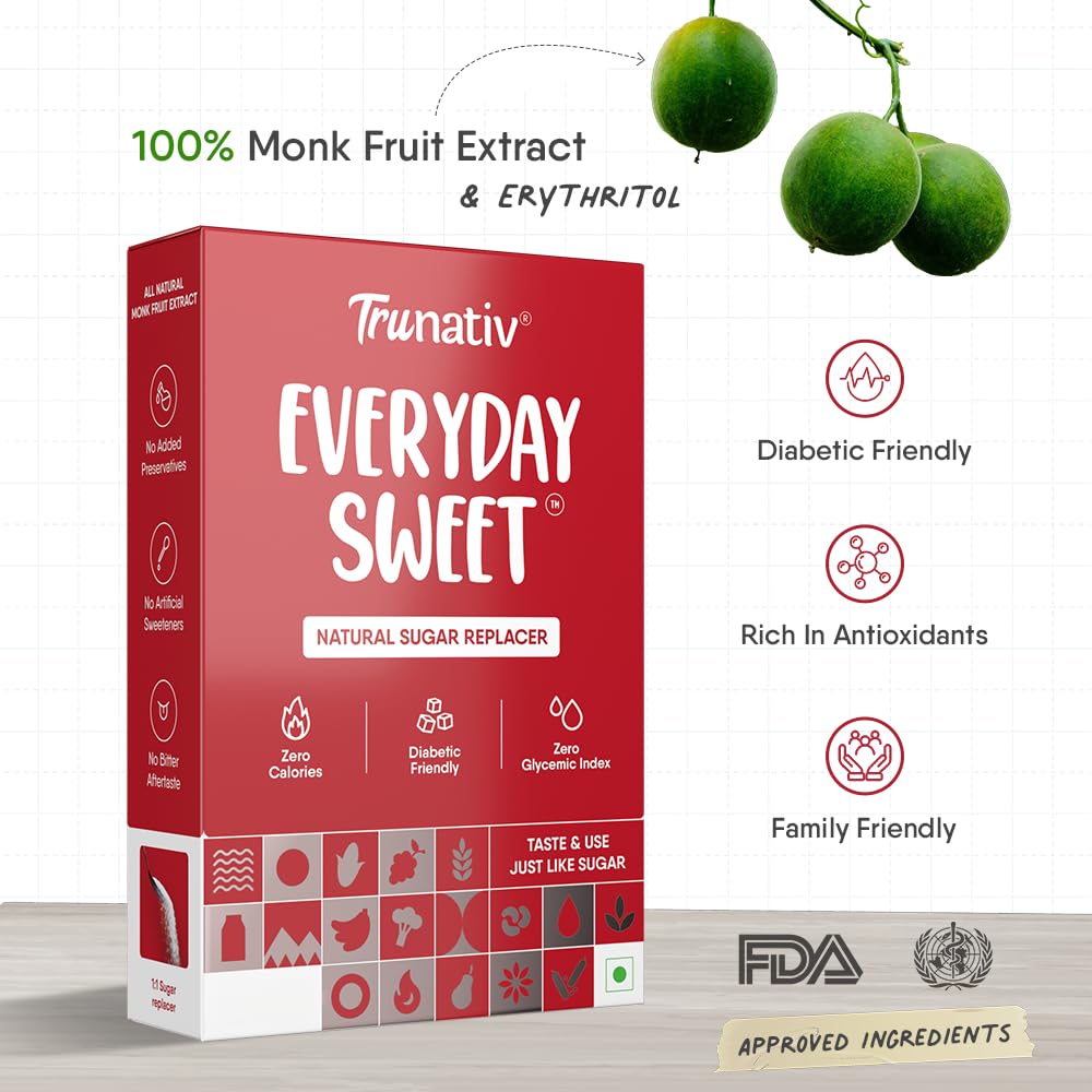 Trunativ Everyday Sweet | Monk Fruit Sweetener Powder | Zero-Calorie Sugar Substitute | 1:1 Sugar Replacer for Cooking & Baking | Diabetic & Keto Friendly