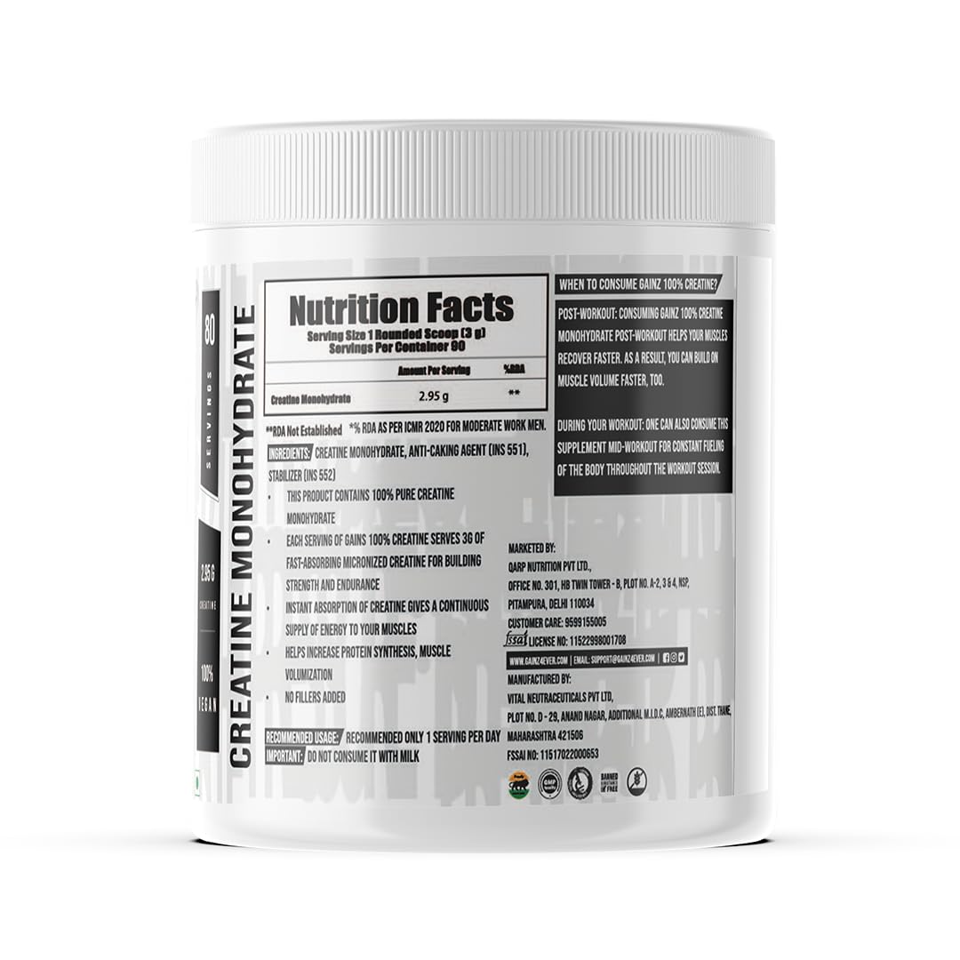 GAINZ4EVER Micronized Creatine Monohydrate Powder | 100% Pure | Supports Muscle Growth |Strength & Power | Rapid Absorption Pre/Post-Workout Supplement