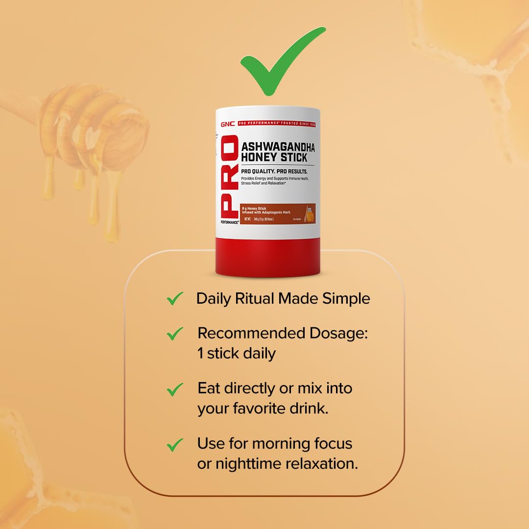 GNC Ashwagandha Honey Stick | Powerful Ayurvedic Adaptogen Formulation for Stress Relief| Energy & Recovery | With Ashwagandha & Honey |Caffeine-Free | Vegetarian