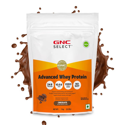 GNC Select Advanced | 24g Whey Protein & 10.5g EAAs | Isolate & Concentrate Blend Sourced from Indian Dairies | Zero Added Sugar | No Soy | Supports Muscle Growth| Recovery & Strength | Enhanced with DigeZyme® for Better Digestion & Easy Absorption