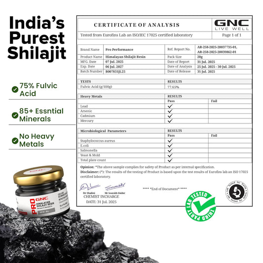GNC Pro Performance Himalayan Shilajit Resin | Over 75% Fulvic Acid | 85+ Minerals | Natural Energy| Stamina & Vitality Support | 100% Natural & Ayurvedic | NABL certified Lab Tested
