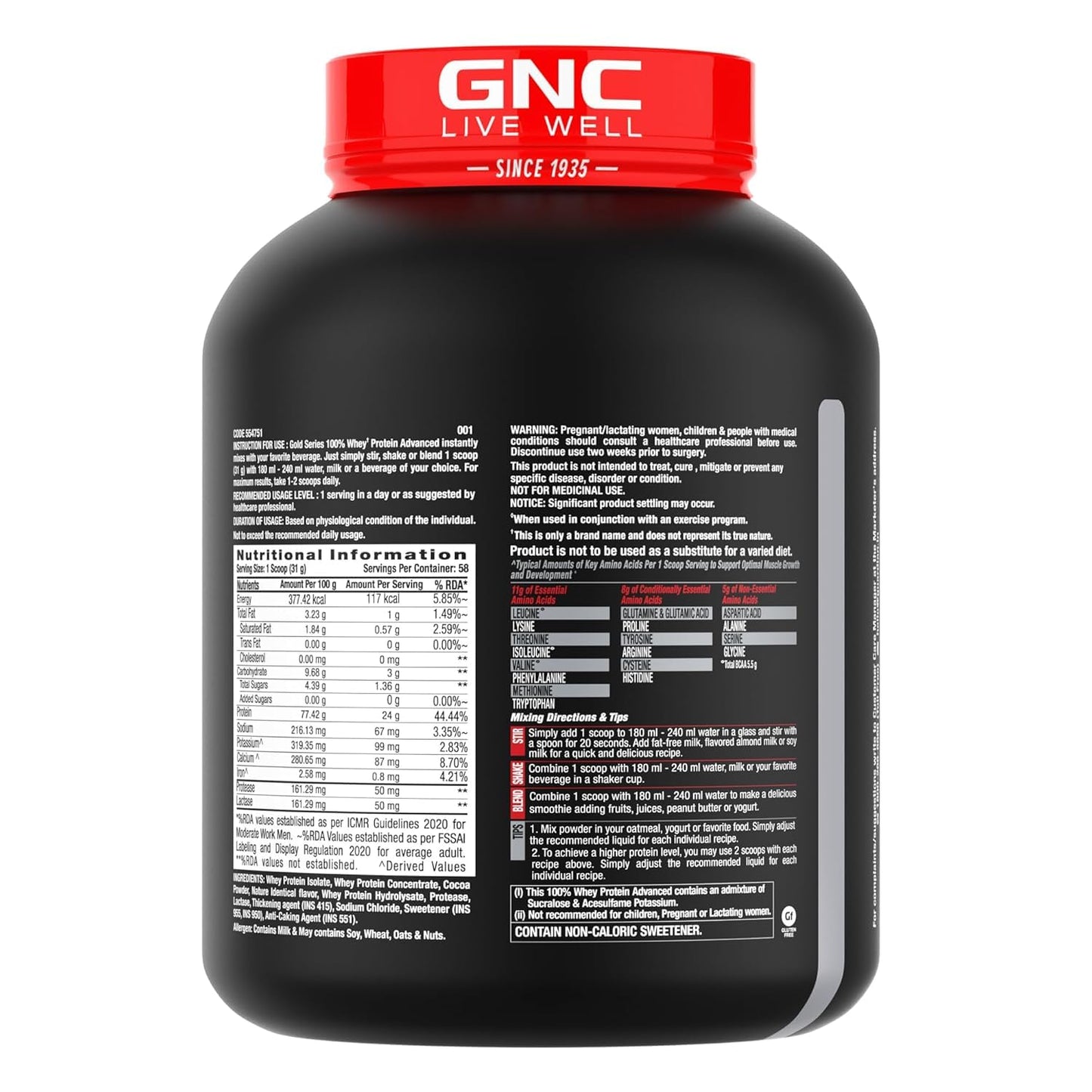 GNC AMP Gold Series Whey Protein Advanced |Lean Muscle Gains | Intense Workout | Informed Choice Certified | 24g Protein | 5.5g BCAA | 4g Glutamine | Formulated In USA
