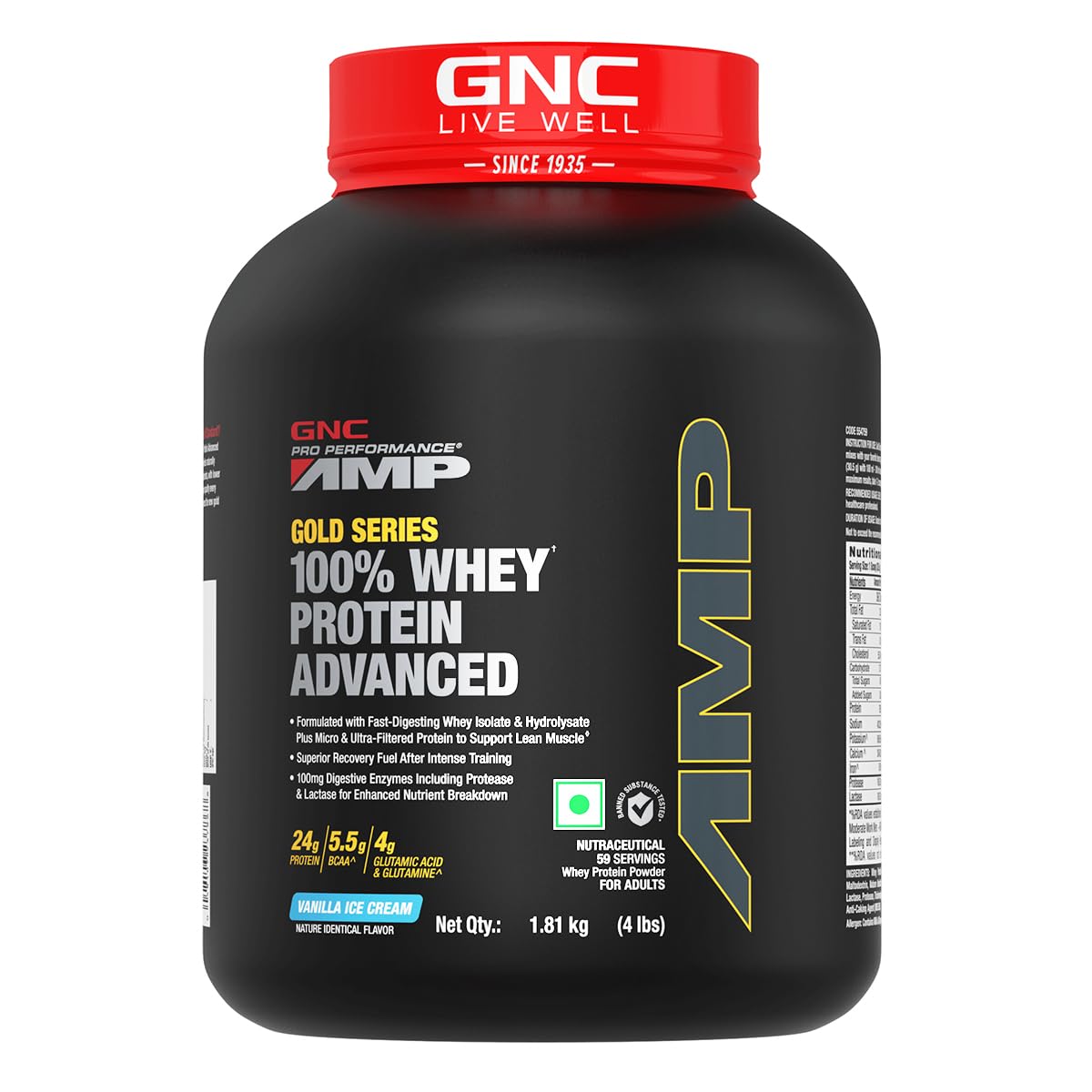 GNC AMP Gold Series Whey Protein Advanced |Lean Muscle Gains | Intense Workout | Informed Choice Certified | 24g Protein | 5.5g BCAA | 4g Glutamine | Formulated In USA