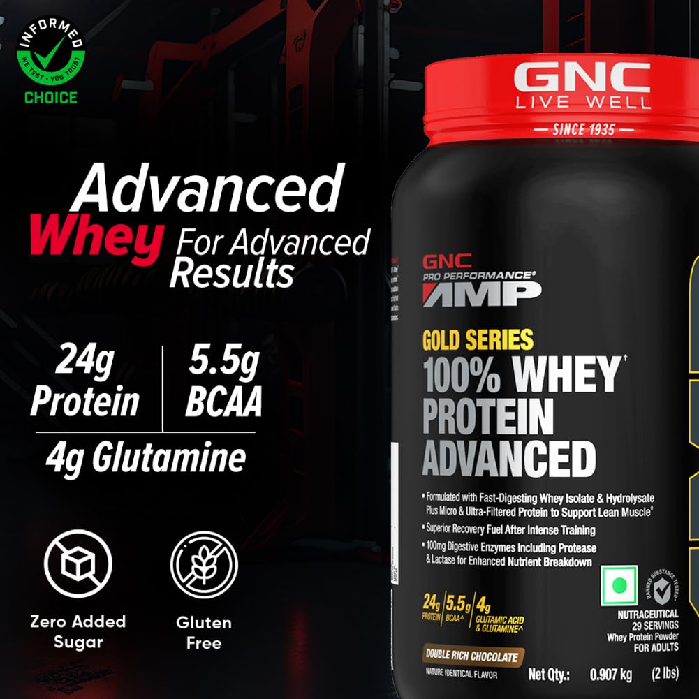 GNC AMP Gold Series Whey Protein Advanced |Lean Muscle Gains | Intense Workout | Informed Choice Certified | 24g Protein | 5.5g BCAA | 4g Glutamine | Formulated In USA