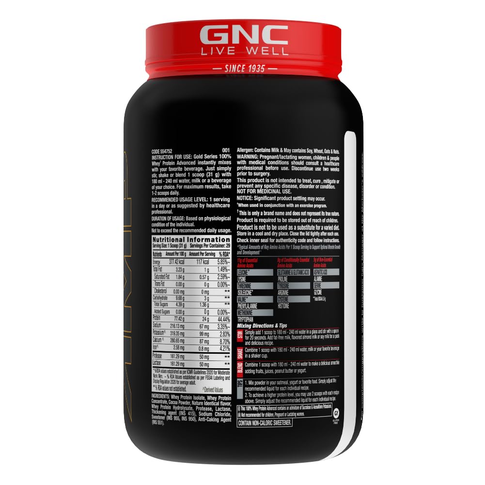 GNC AMP Gold Series Whey Protein Advanced |Lean Muscle Gains | Intense Workout | Informed Choice Certified | 24g Protein | 5.5g BCAA | 4g Glutamine | Formulated In USA