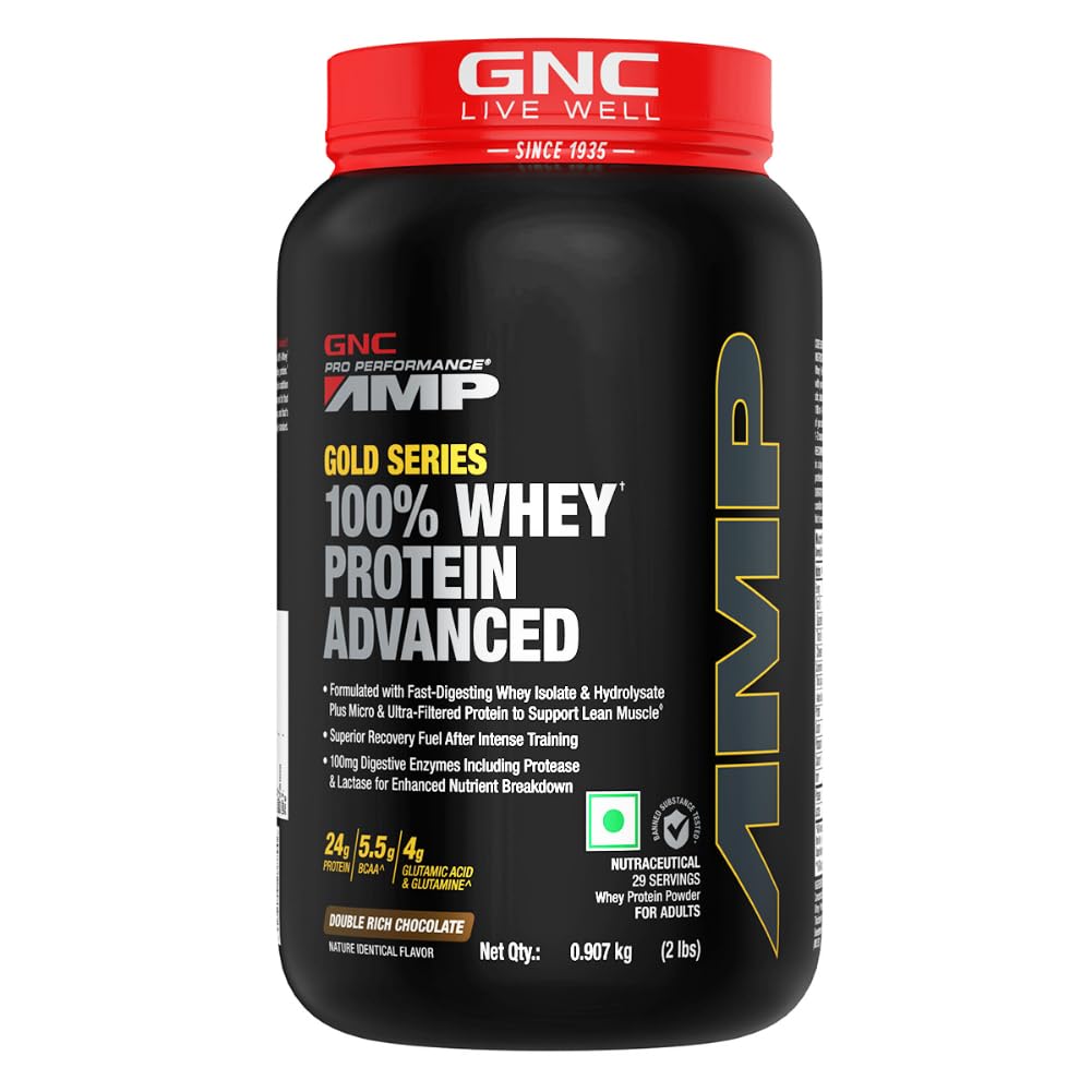 GNC AMP Gold Series Whey Protein Advanced |Lean Muscle Gains | Intense Workout | Informed Choice Certified | 24g Protein | 5.5g BCAA | 4g Glutamine | Formulated In USA