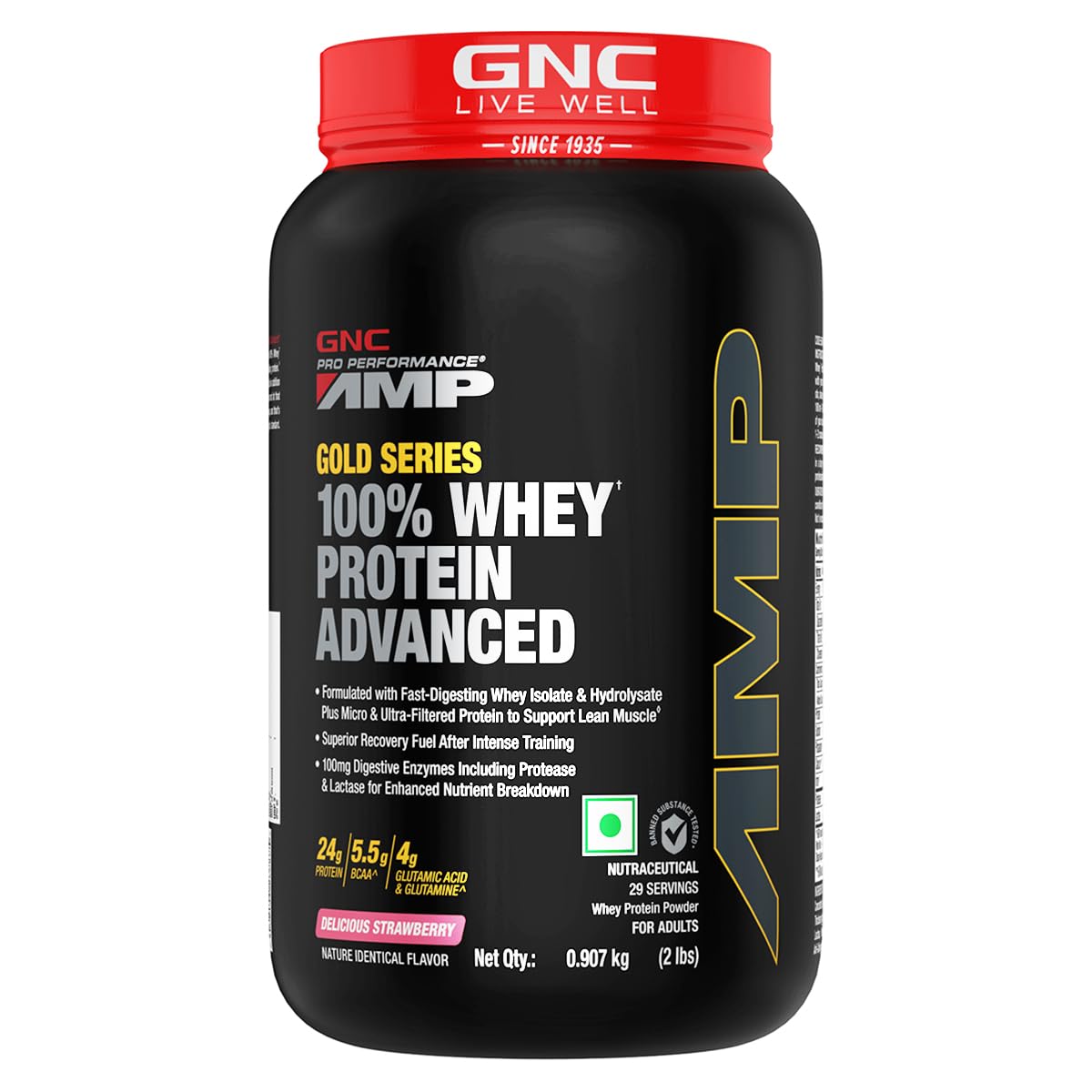 GNC AMP Gold Series Whey Protein Advanced |Lean Muscle Gains | Intense Workout | Informed Choice Certified | 24g Protein | 5.5g BCAA | 4g Glutamine | Formulated In USA