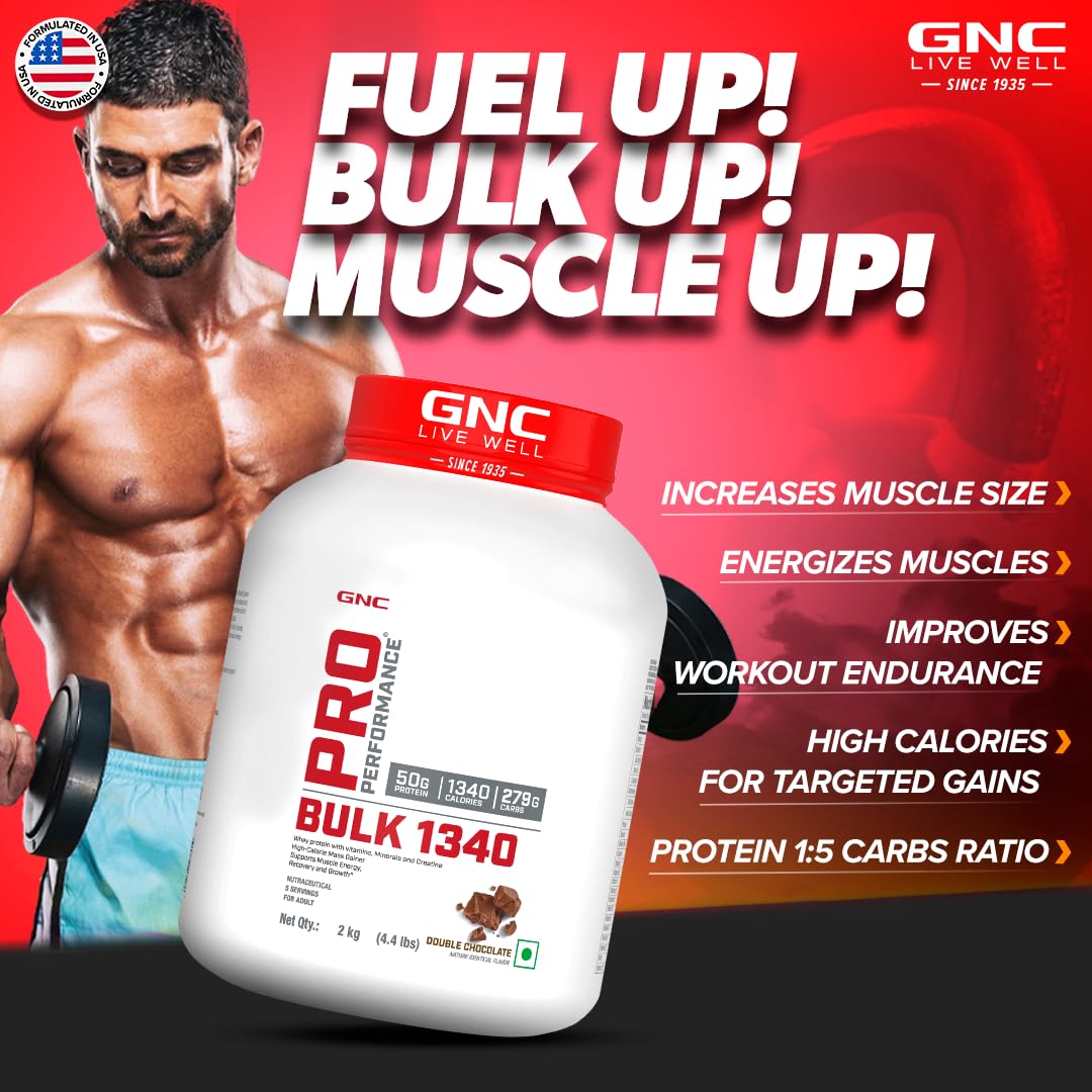 GNC Pro Performance Bulk 1340 Mass Gainer | 50 Gm Protein |Protein-Carbs Ratio of 1:5 For Target Gains | Boosts Muscle Size & Energy | 50g Protein | 279g Carbs | 1340 Cal | 1.5g Creatine | Formulated In USA