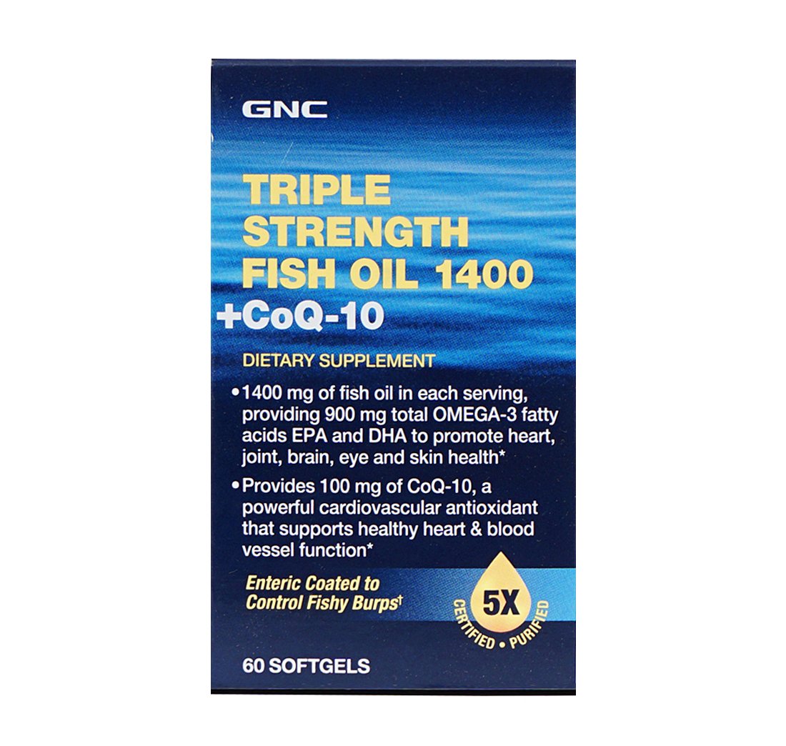GNC Triple Strength Fish Oil 1400 + CoQ10 Enteric Coated to Control Fishy Burps | 60 Softgels