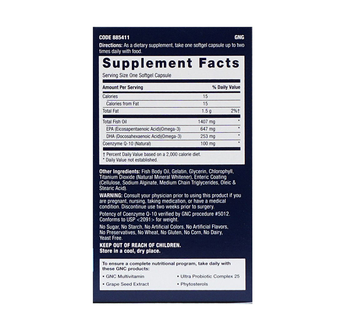 GNC Triple Strength Fish Oil 1400 + CoQ10 Enteric Coated to Control Fishy Burps | 60 Softgels