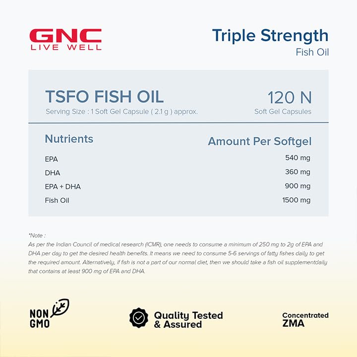 GNC Triple Strength Fish Oil 1500mg Omega-3 with 900mg EPA & DHA |For Heart| Healthy Cholesterol| Joint Comfort| Focus & Vision | Enteric-Coated for No Fishy Aftertaste |USA Formulated
