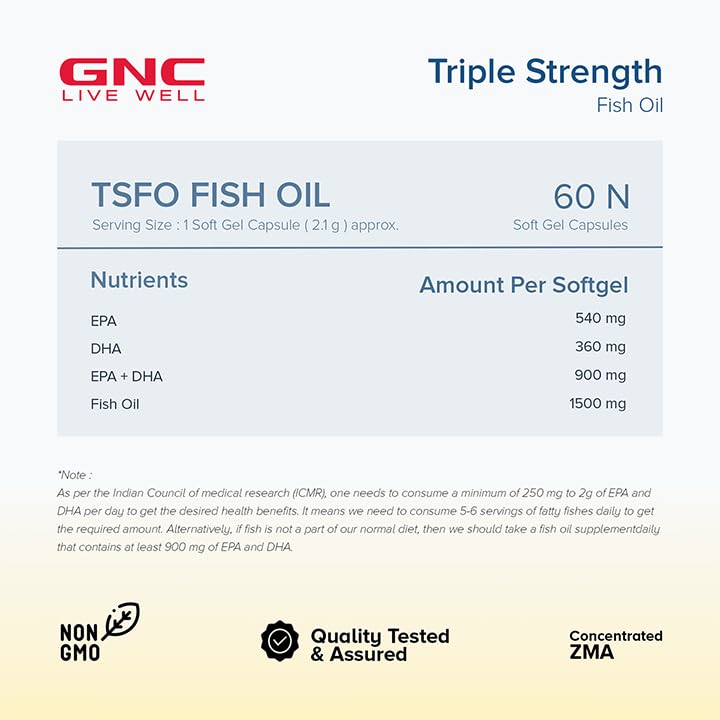 GNC Triple Strength Fish Oil 1500mg Omega-3 with 900mg EPA & DHA |For Heart| Healthy Cholesterol| Joint Comfort| Focus & Vision | Enteric-Coated for No Fishy Aftertaste |USA Formulated