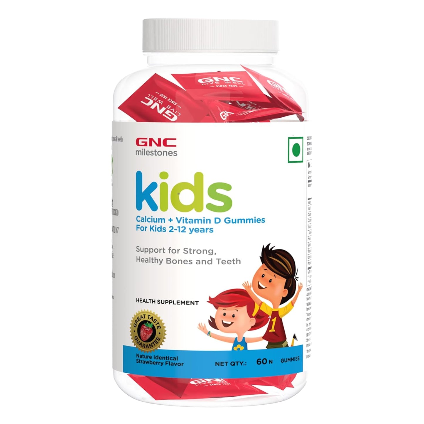 GNC kids Calcium + Vitamin D Gummies For 2-12Y | 60 Gummies | Stronger Bones & Teeth | Improved Muscle Functions | Better Immune Health | Overall Growth & Development