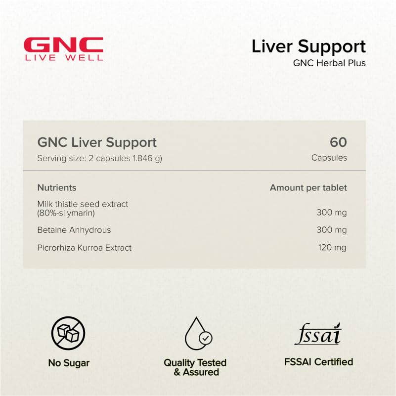 GNC Herbal Plus Liver Support | 500mg Milk Thistle, 500mg Betaine & 200mg Picrorhiza Extract | 60 Veg Capsules | Promotes Liver Health, Detox & Metabolism | High Potency Formula
