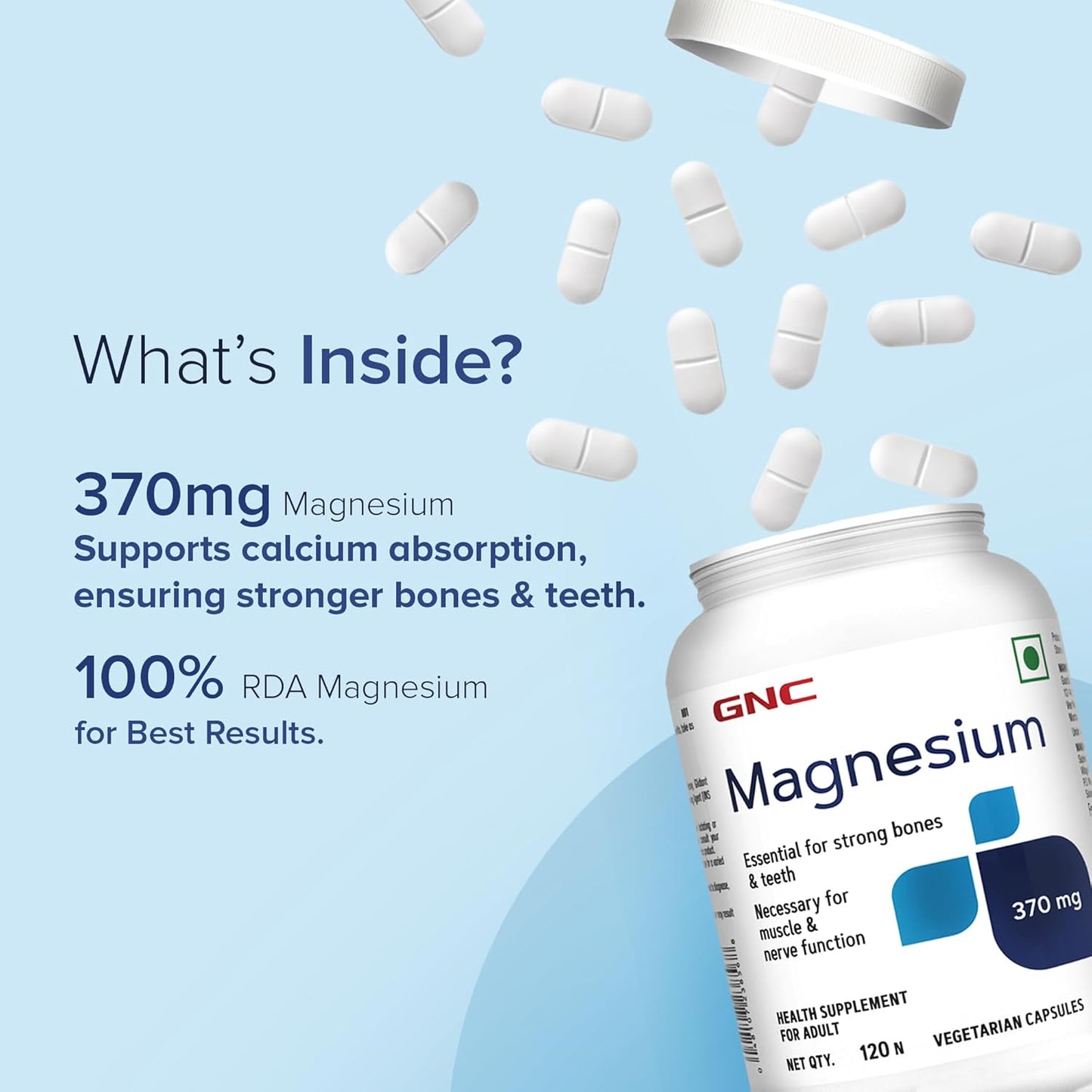 GNC Magnesium 370mg | 120 Veg Capsules | For Bone Strength | Muscle & Nerve Function | Stress Relief | Improved Sleep | Mood Elevation | Essential Mineral for Calcium Absorption & Cell Function