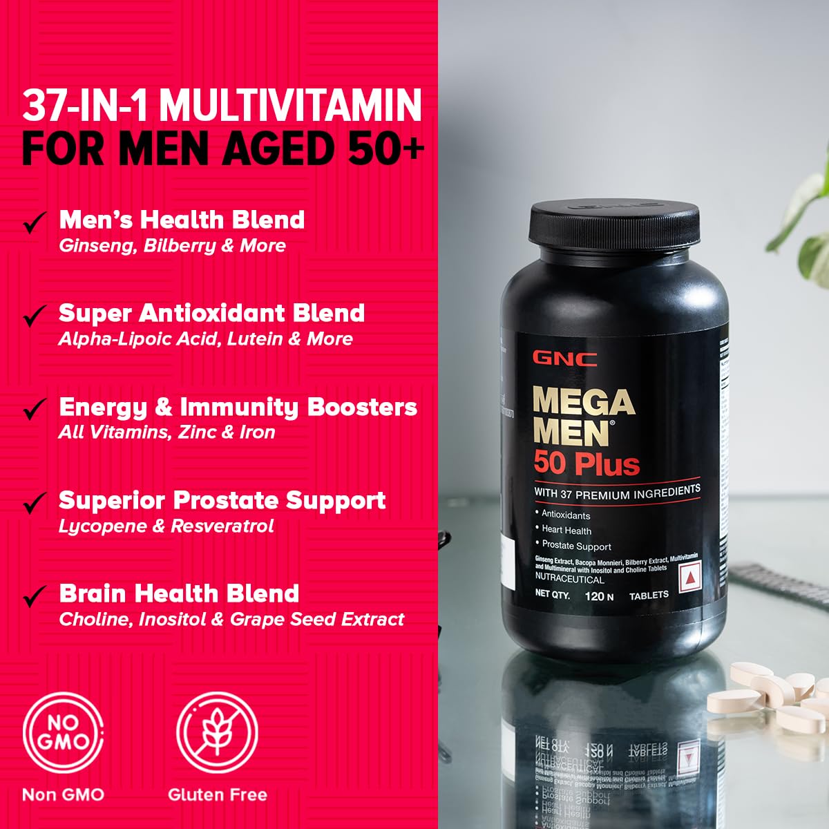 GNC Mega Men 50 Plus Multivitamin | 120 Tablets | 37 Premium Ingredients | Promotes Prostate Health | Boosts Immunity | Protects Heart & Vision | Supports Memory | Formulated In USA