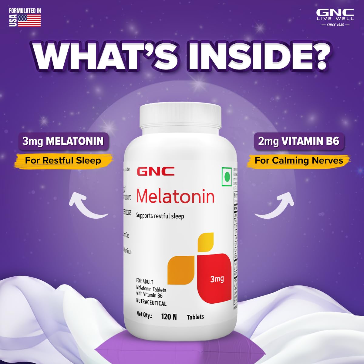 GNC Melatonin Tablets With Vitamin B6| 120 Tablets| Promotes Deep Sleep | Enhances Sleep Quality | Improves Mood | Helps in Relaxation | Formulated in USA | 3mg Per Serving
