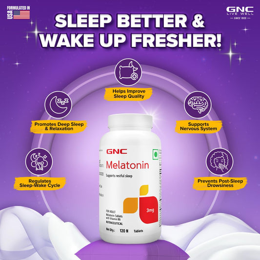 GNC Melatonin Tablets With Vitamin B6| 120 Tablets| Promotes Deep Sleep | Enhances Sleep Quality | Improves Mood | Helps in Relaxation | Formulated in USA | 3mg Per Serving