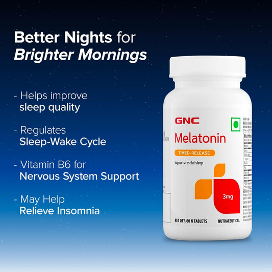 GNC Melatonin with Vitamin B6 | 60 Veg Tablets | 3mg Melatonin & 2 mg Vitamin B6 for Restful Sleep | Improves Sleep Quality | Regulates Sleep-Wake Cycle | Relaxes Nervous System | USA-formulated