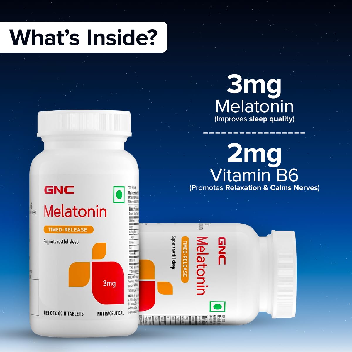 GNC Melatonin with Vitamin B6 | 60 Veg Tablets | 3mg Melatonin & 2 mg Vitamin B6 for Restful Sleep | Improves Sleep Quality | Regulates Sleep-Wake Cycle | Relaxes Nervous System | USA-formulated