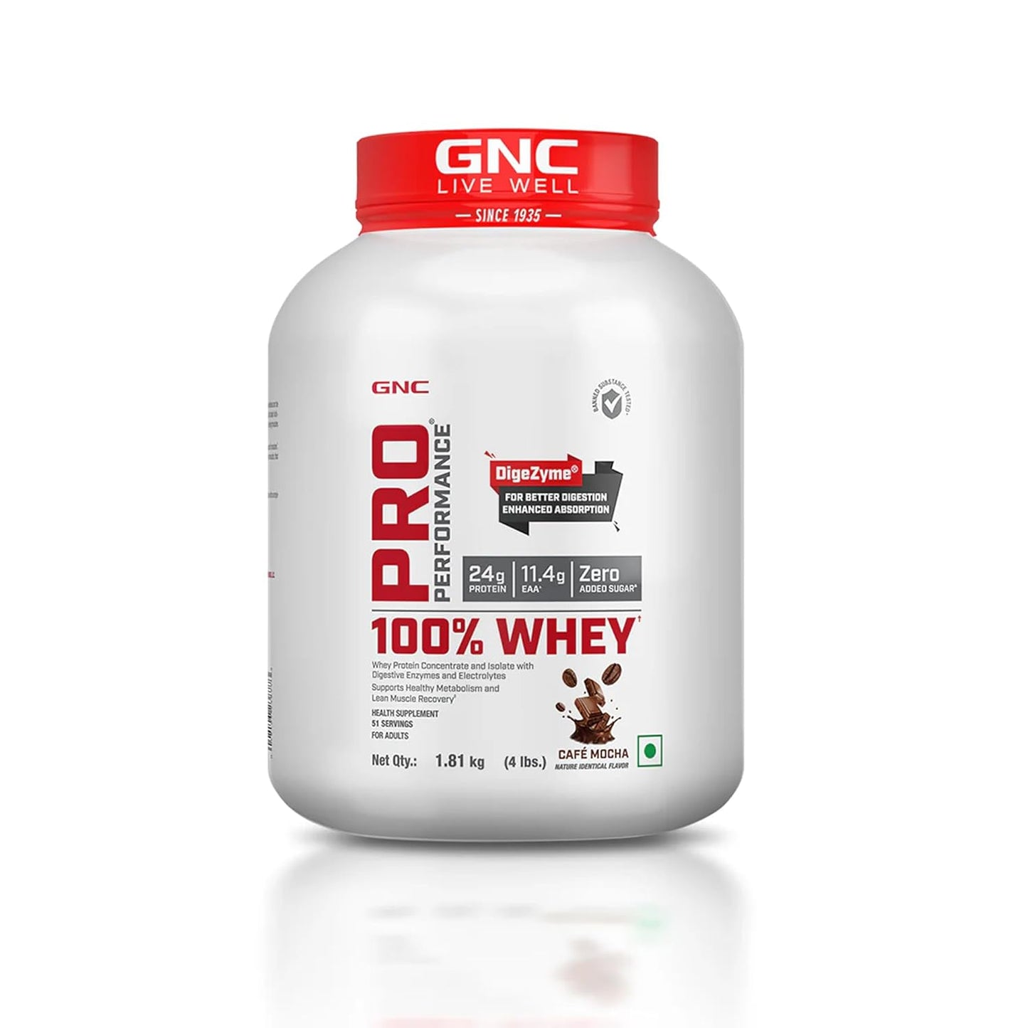 GNC Pro Performance 100% Whey Protein | Muscle Growth | Muscle Recovery | DigeZyme® For Easy Digestion | Informed Choice Certified | 24g Protein | 5.5g BCAA