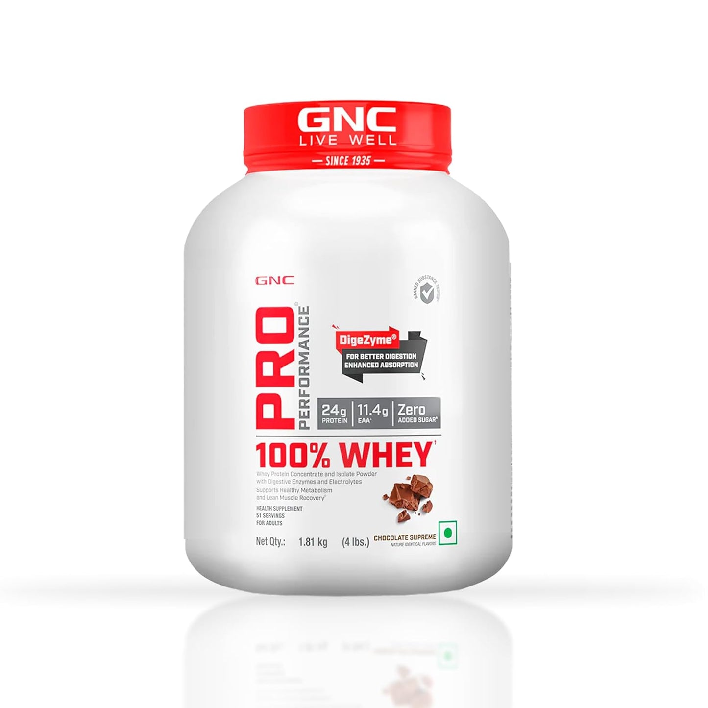 GNC Pro Performance 100% Whey Protein | Muscle Growth | Muscle Recovery | DigeZyme® For Easy Digestion | Informed Choice Certified | 24g Protein | 5.5g BCAA